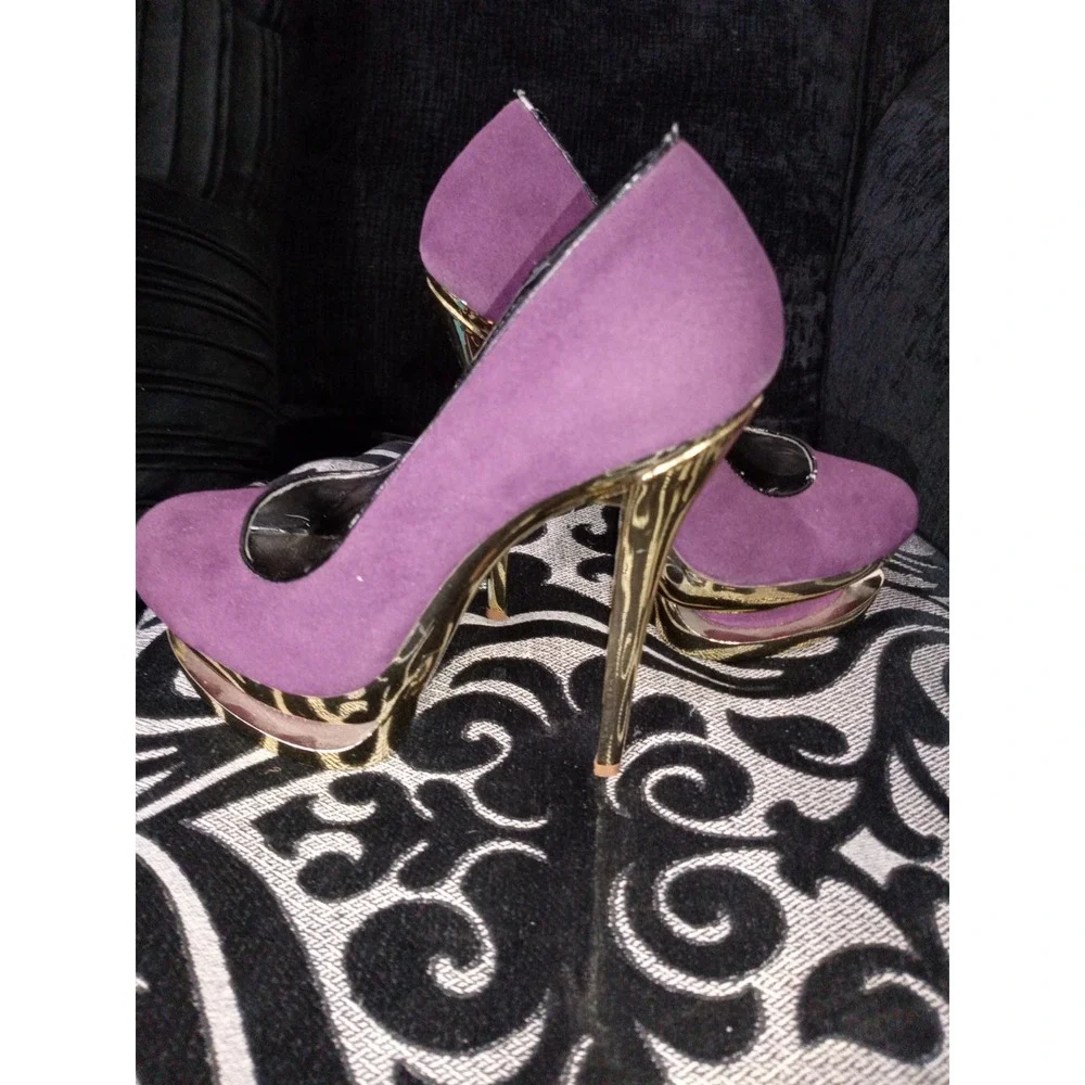 Liliana Purple Faux Suede Gold Metallic Double Platform Stiletto Pumps Heels